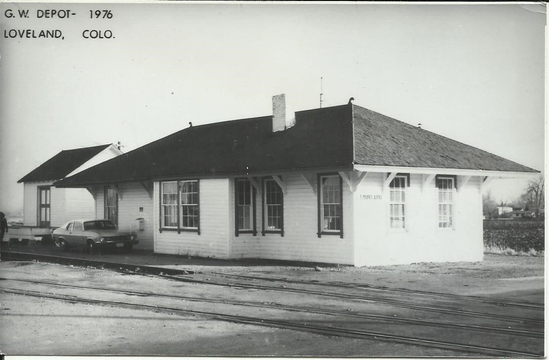 Black and white photo of the Loveland Train Depot