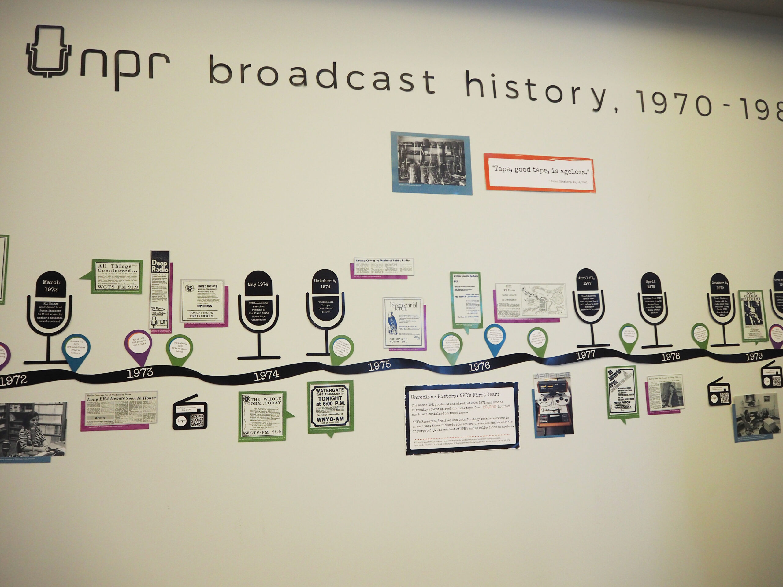 An office wall at the NPR headquarters documents the history of public radio. 