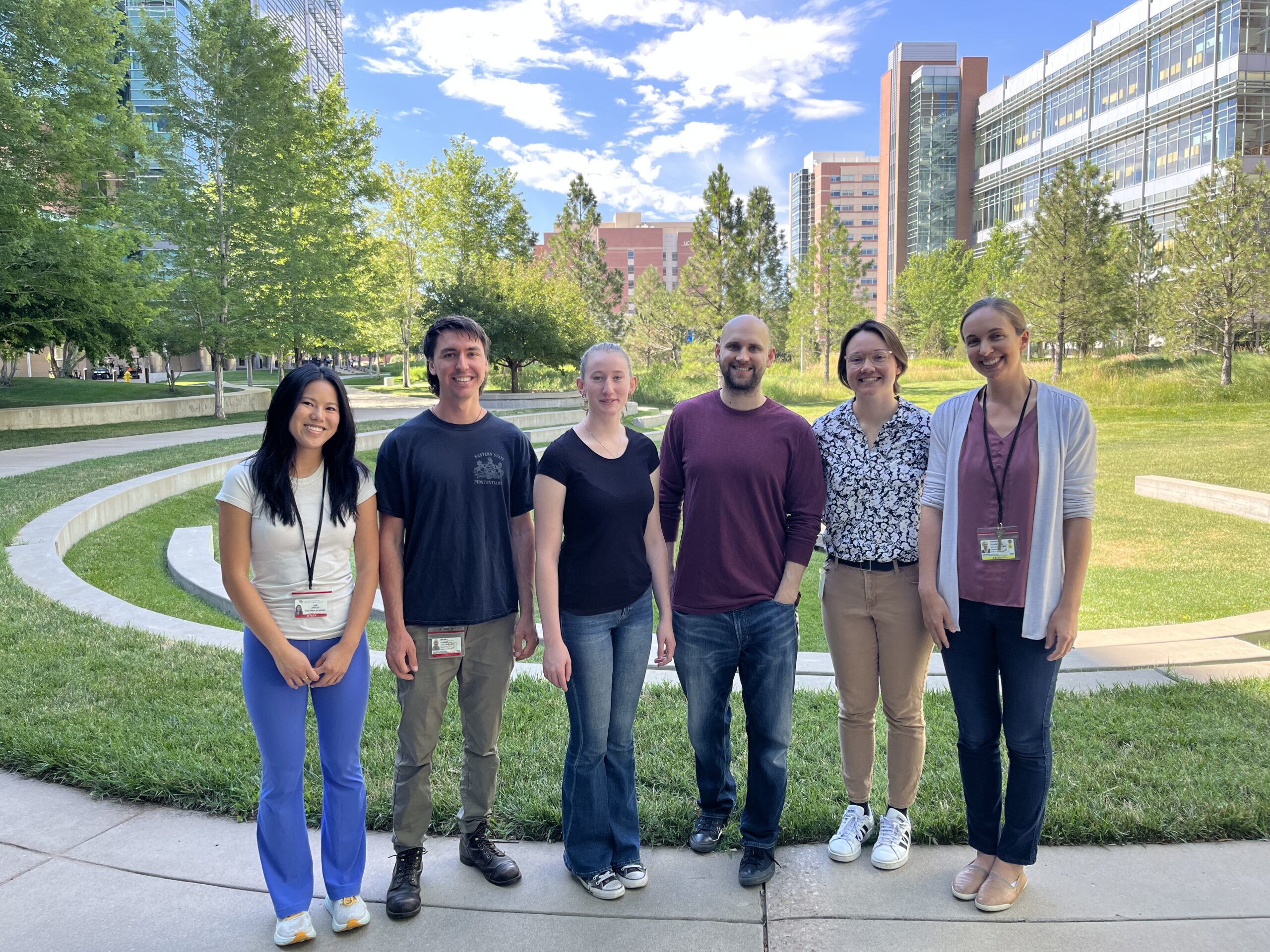 Lab group pictured left to right at the University of Colorado Anschutz Medical Campus: Zoe Drigot (2022 Scholar and MD-PhD student), Brian Lorenz (former lab technician, medical student), Arianna McCarty (2022 Scholar), Steven Shaw (current microbiology graduate student), Sam Fulte (current microbiology graduate student), and Sarah E. Clark (2021 Investigator and PhD student).