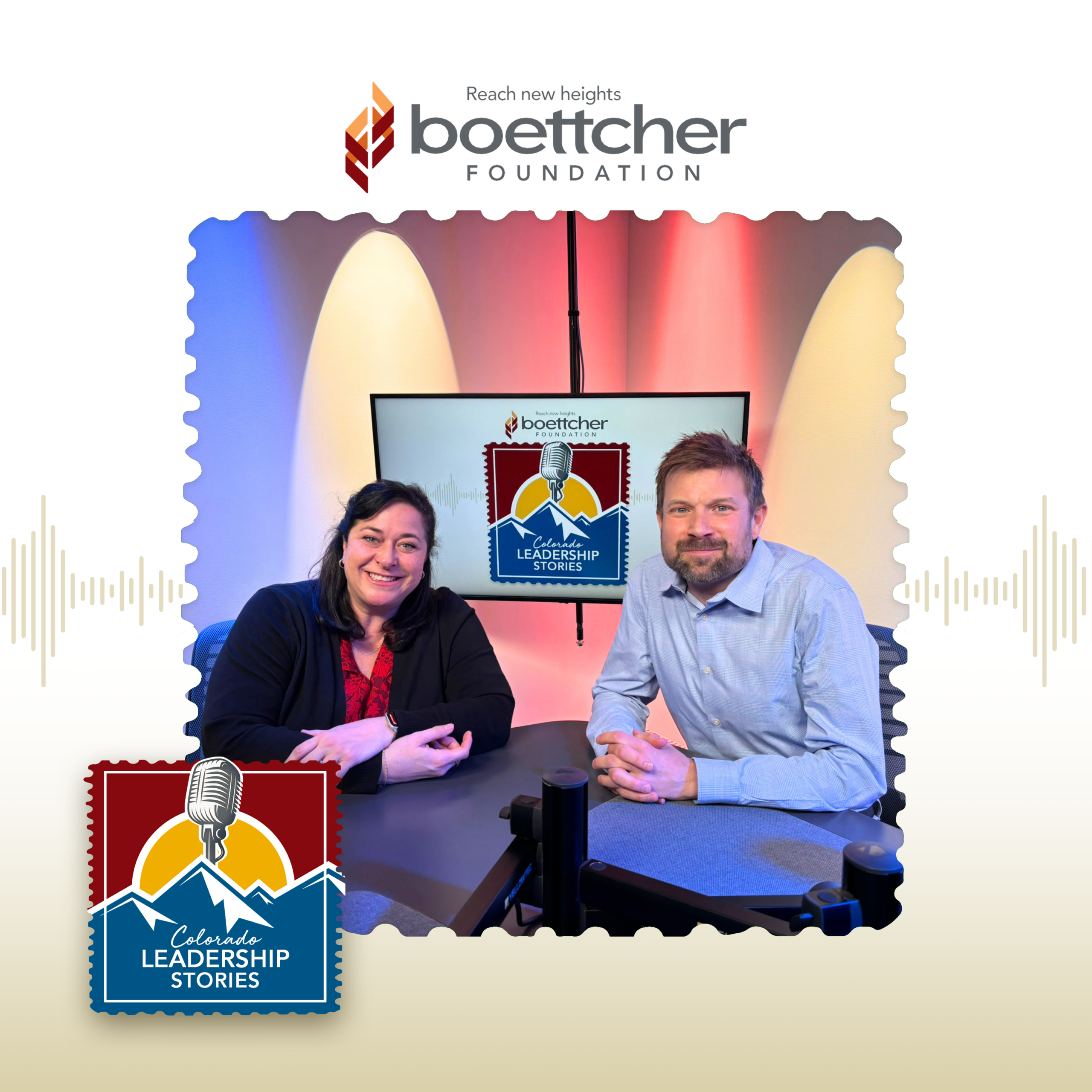 Katie Kramer sits with Josh Blanchard in preparation for the Colorado Leadership Stories podcast.