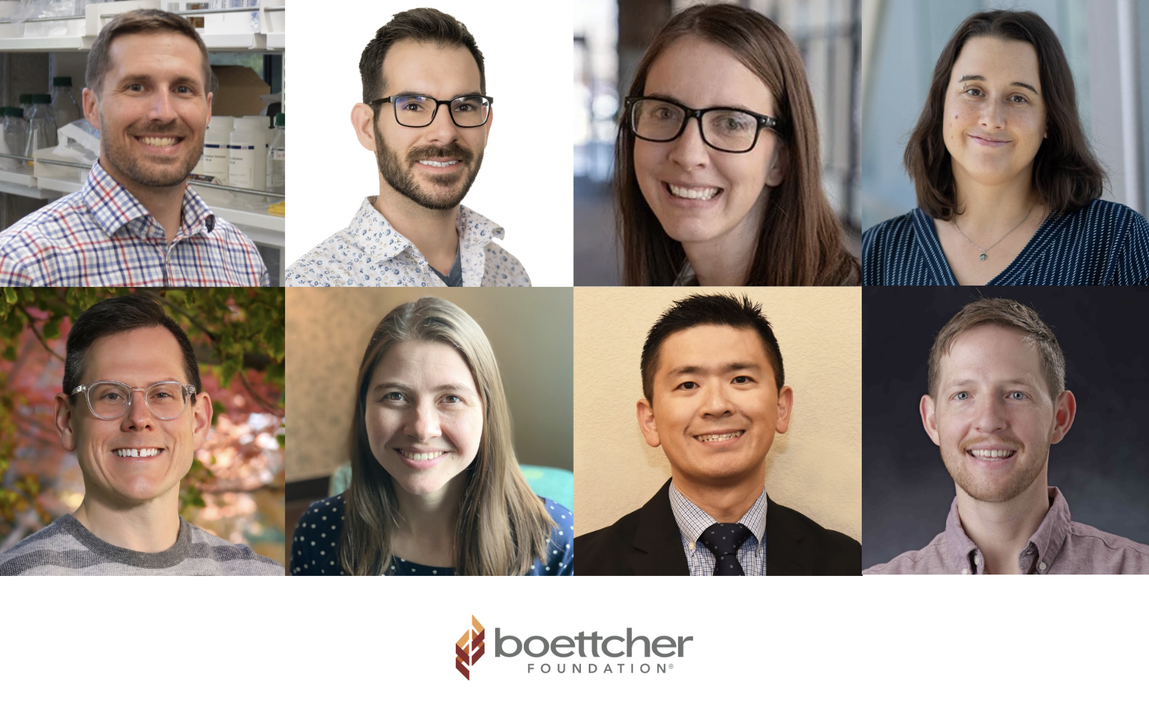 2026 Class of Boettcher Investigators (Shown L-R): Casey M. Gries, PhD; R. Adam Harris, DVM, PhD, Diplomate ACVP; Elizabeth Wynn, PhD; Alessandra Brambati, PhD; John Janetzko, PhD; Katherine Kissler, CNM, PhD; Kentaro Yomogida, MD; Matthew Olm, PhD
